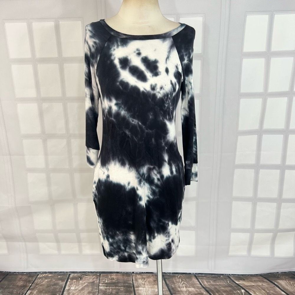 Veronica M Women's Long Sleeve Black White Tie-Dye Tunic Knit Dress Size XS